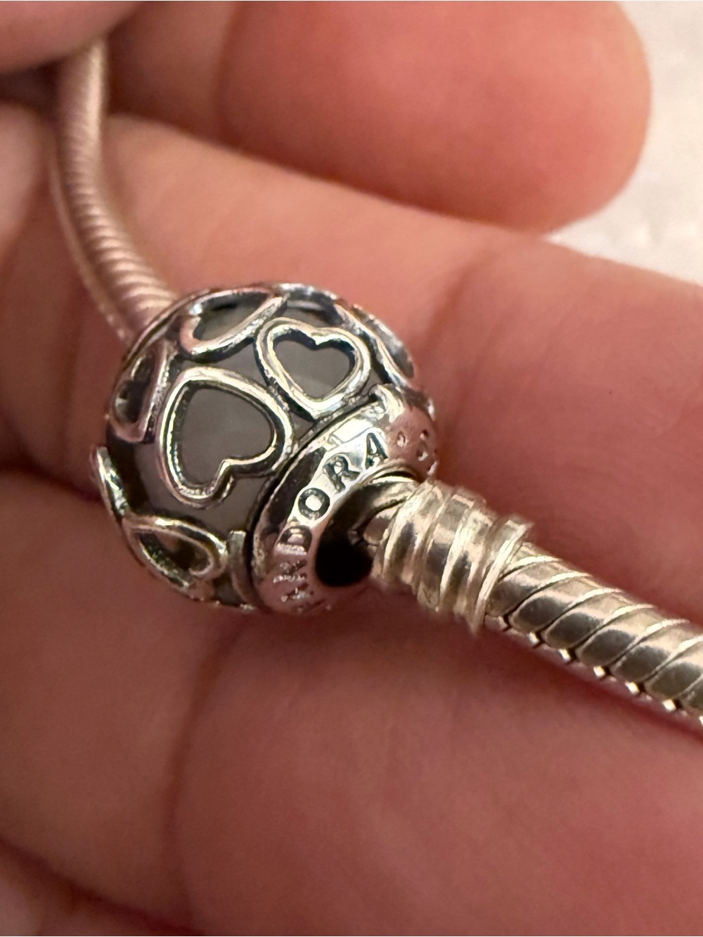 Pandora Silver Heart Filigree Charm with White Enamel Hearts